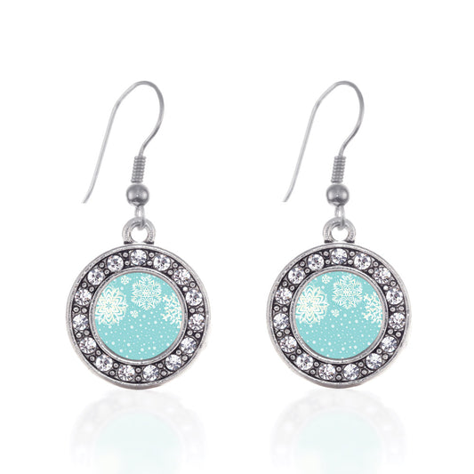 Silver Falling Snowflakes Circle Charm Dangle Earrings