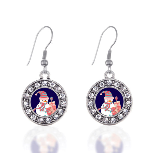 Silver Snowman Circle Charm Dangle Earrings