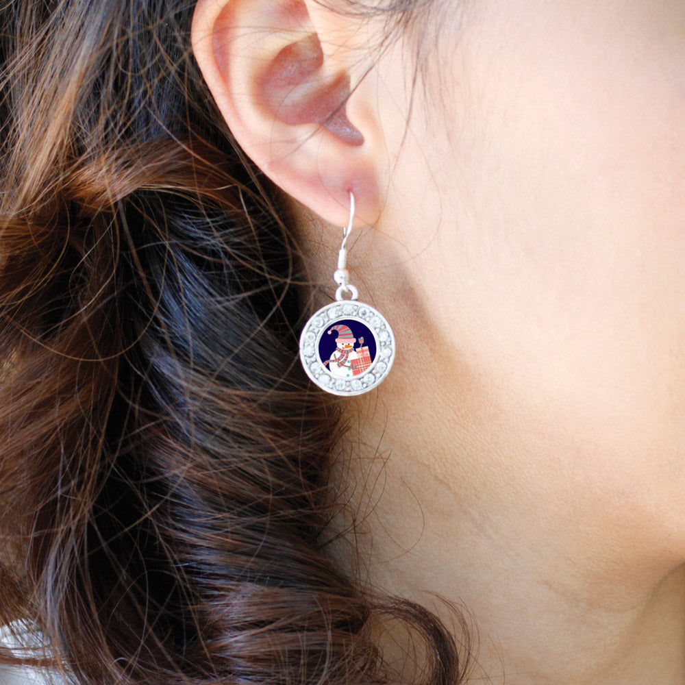 Silver Snowman Circle Charm Dangle Earrings