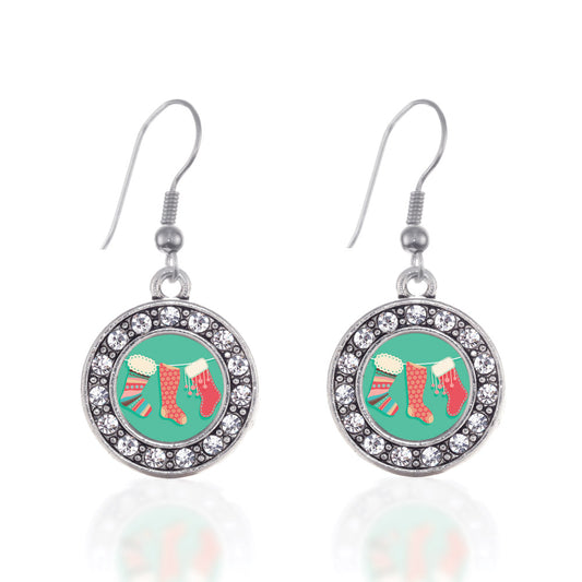 Silver Holiday Stockings Circle Charm Dangle Earrings