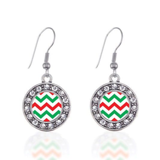 Silver Holiday Chevron Circle Charm Dangle Earrings