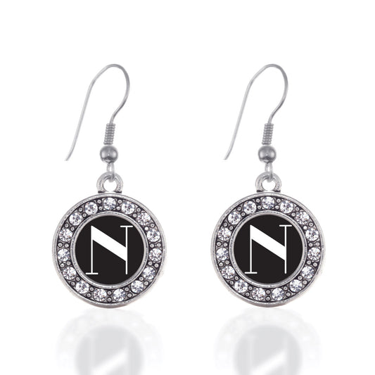 Silver My Vintage Initials - Letter N Circle Charm Dangle Earrings