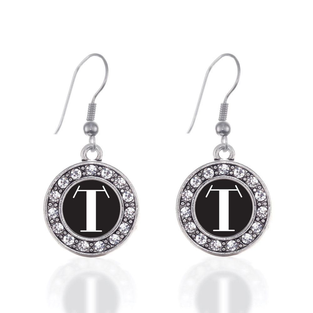 Silver My Vintage Initials - Letter T Circle Charm Dangle Earrings