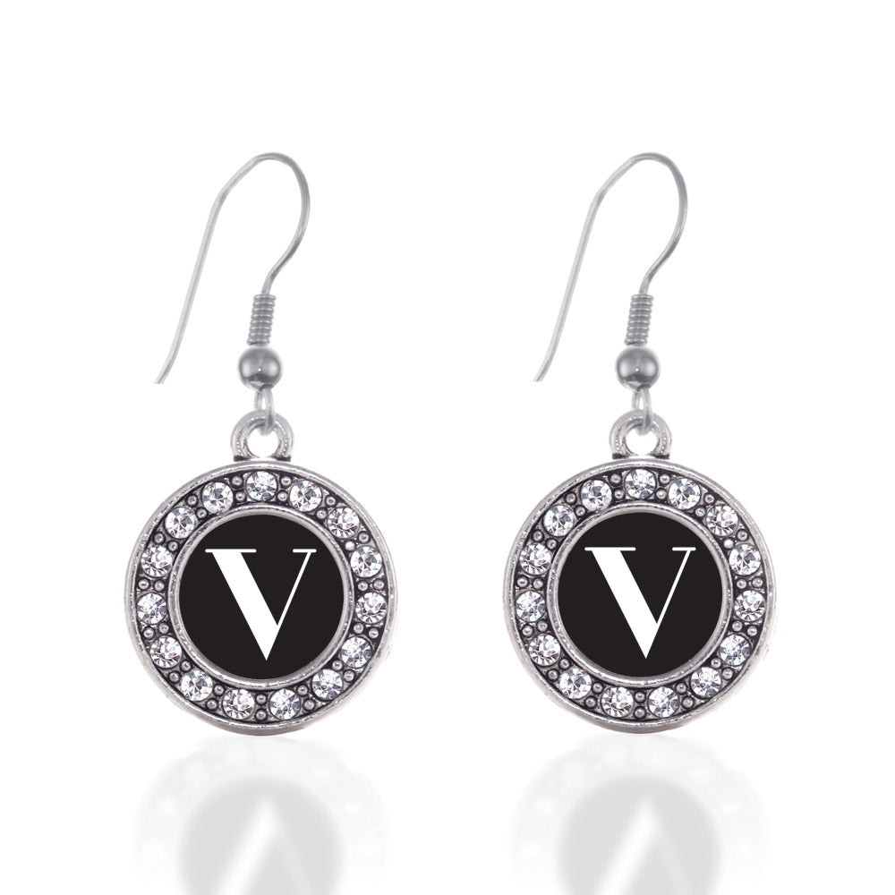 Silver My Vintage Initials - Letter V Circle Charm Dangle Earrings