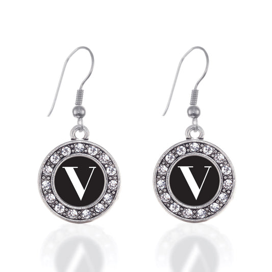 Silver My Vintage Initials - Letter V Circle Charm Dangle Earrings