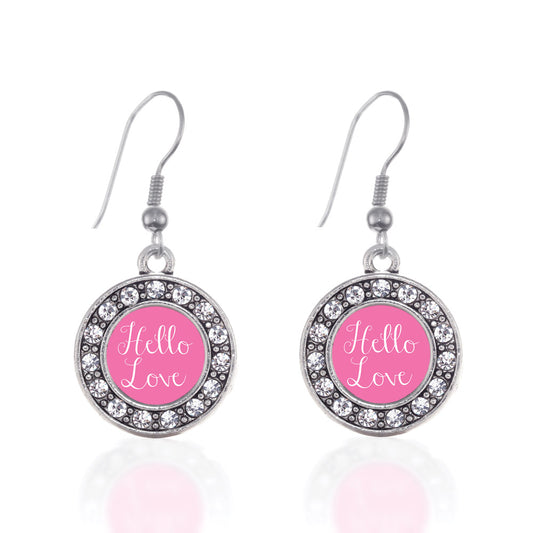 Silver Hello Love Circle Charm Dangle Earrings