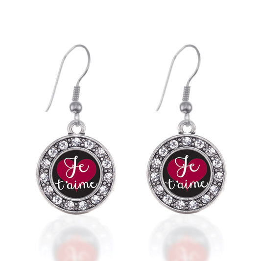 Silver Je T'aime Circle Charm Dangle Earrings