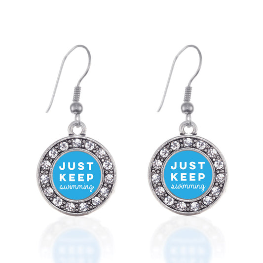Silver Just Keep Swimming Circle Charm Dangle Earrings