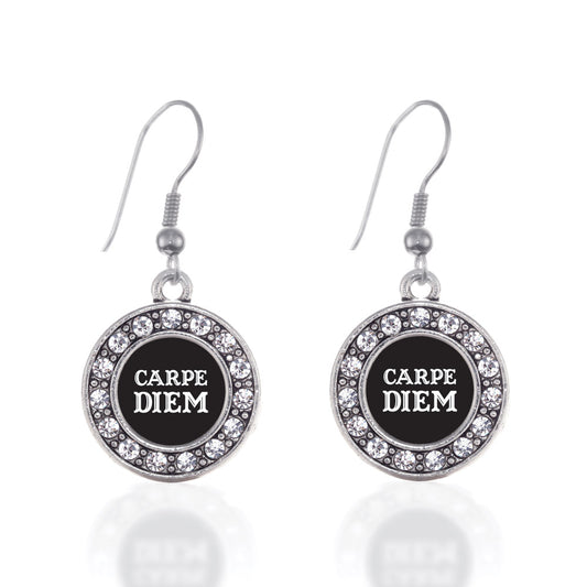 Silver Carpe Diem Circle Charm Dangle Earrings