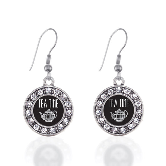 Silver Tea Time Circle Charm Dangle Earrings