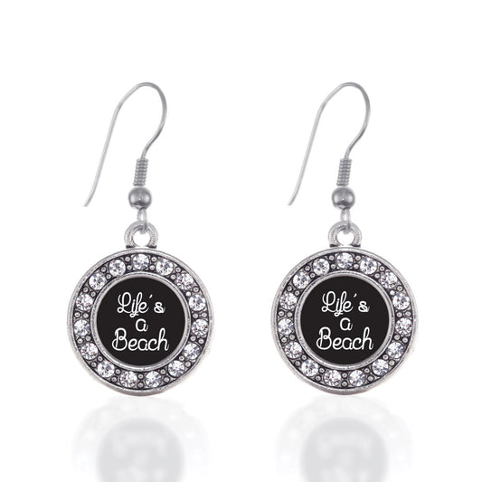 Silver Life Is A Beach Circle Charm Dangle Earrings