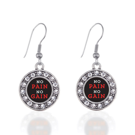 Silver No Pain No Gain Circle Charm Dangle Earrings
