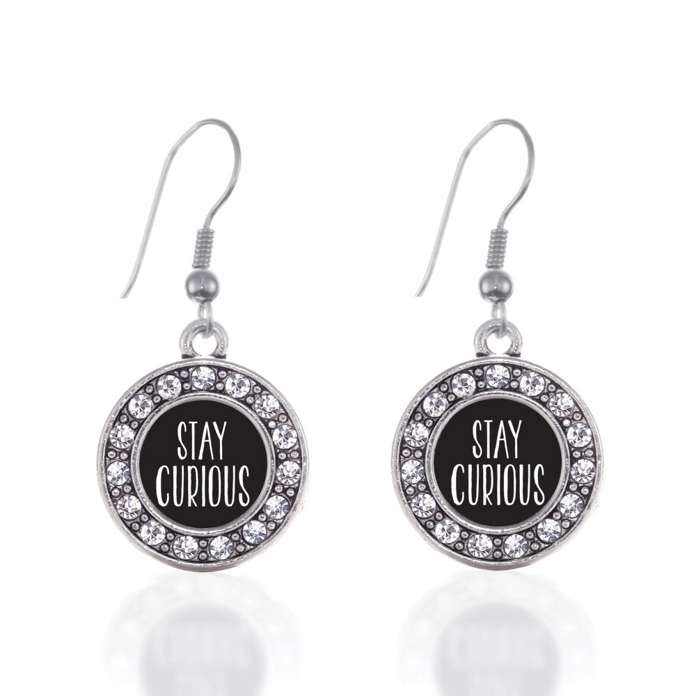 Silver Stay Curious Circle Charm Dangle Earrings