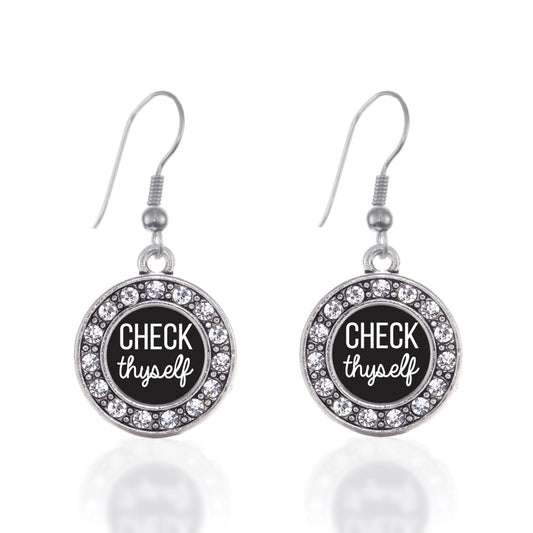 Silver Check Thyself Circle Charm Dangle Earrings