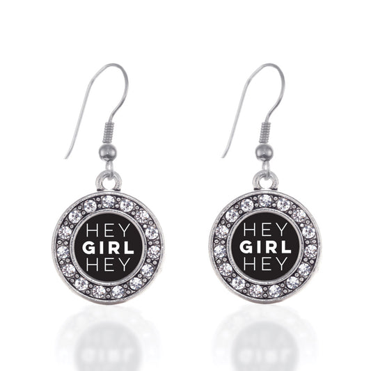 Silver Hey Girl Hey Circle Charm Dangle Earrings