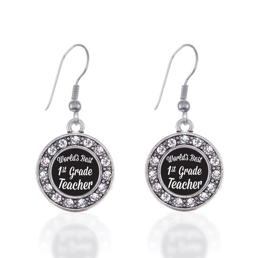 Silver World's Best 1st Grade Teacher Circle Charm Dangle Earrings