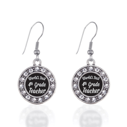 Silver World's Best 4th Grade Teacher Circle Charm Dangle Earrings