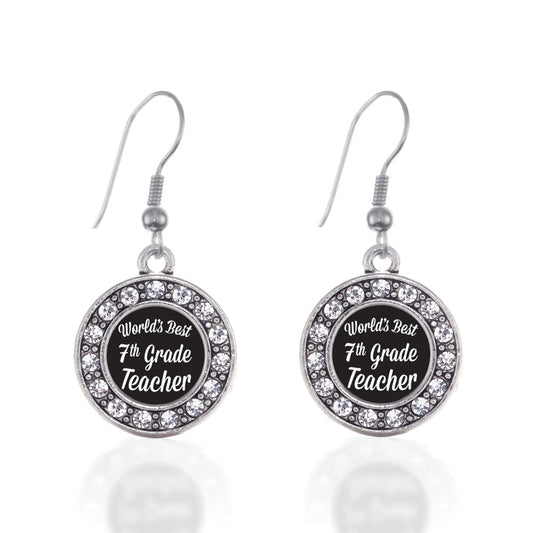 Silver World's Best 7th Grade Teacher Circle Charm Dangle Earrings