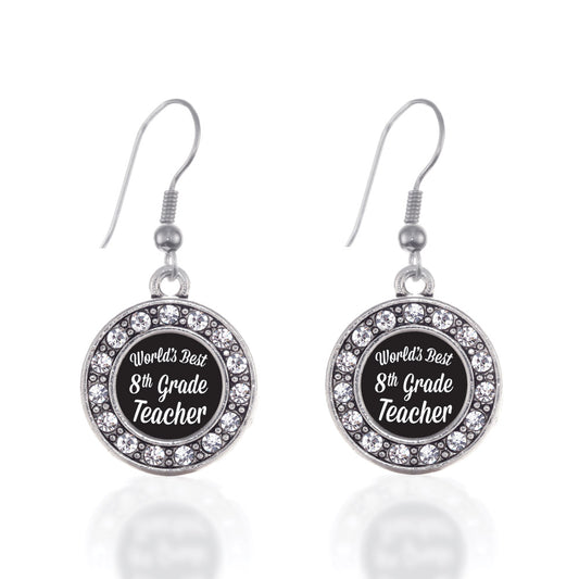Silver World's Best 8th Grade Teacher Circle Charm Dangle Earrings