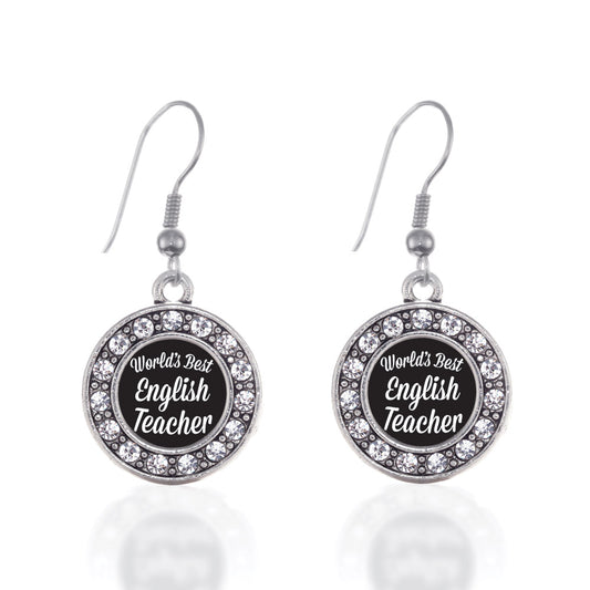 Silver World's Best English Teacher Circle Charm Dangle Earrings