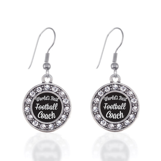 Silver World's Best Football Coach Circle Charm Dangle Earrings