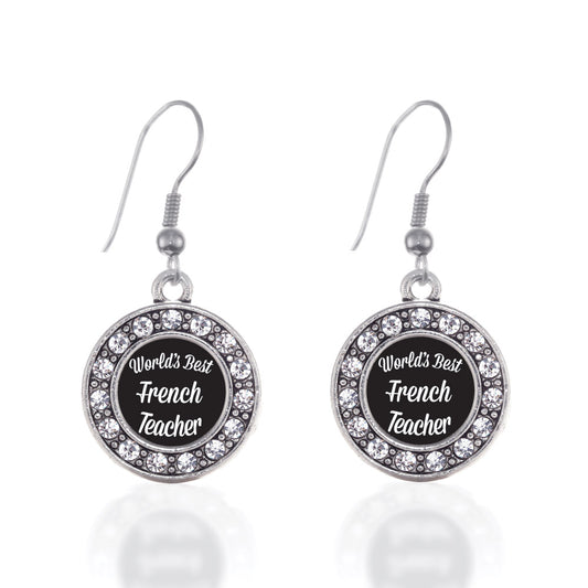Silver World's Best French Teacher Circle Charm Dangle Earrings