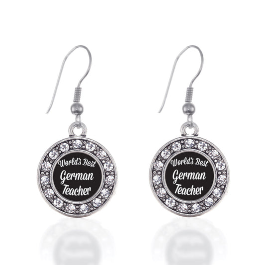 Silver World's Best German Teacher Circle Charm Dangle Earrings
