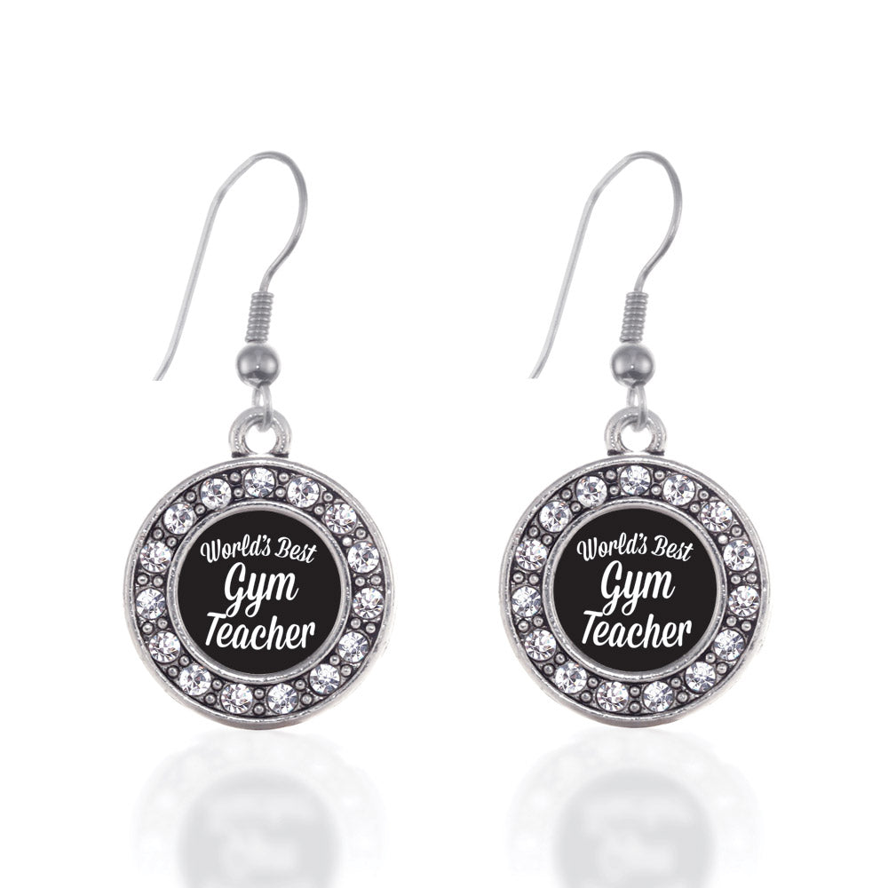 Silver World's Best Gym Teacher Circle Charm Dangle Earrings
