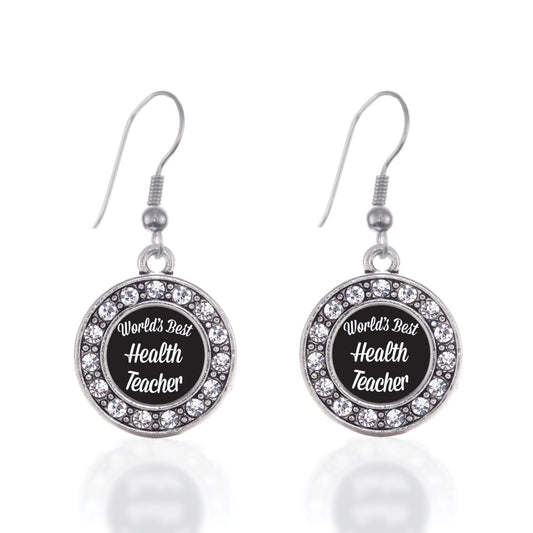 Silver World's Best Health Teacher Circle Charm Dangle Earrings