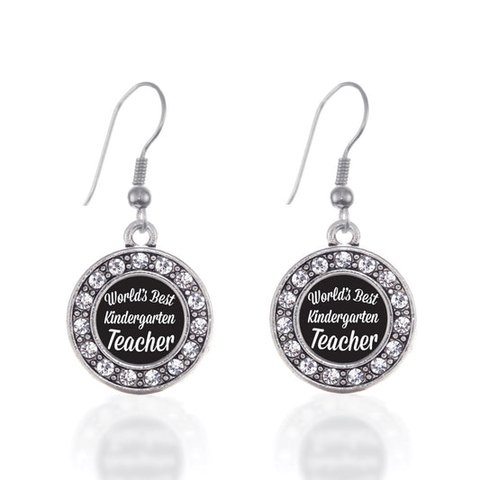 Silver World's Best Kindergarten Teacher Circle Charm Dangle Earrings