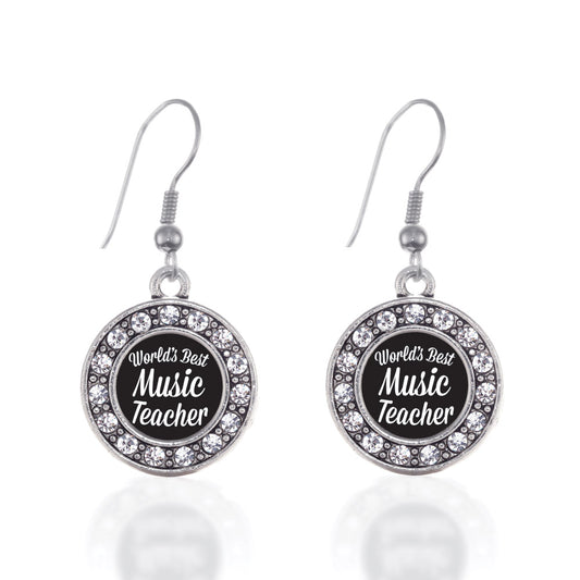 Silver World's Best Music Teacher Circle Charm Dangle Earrings