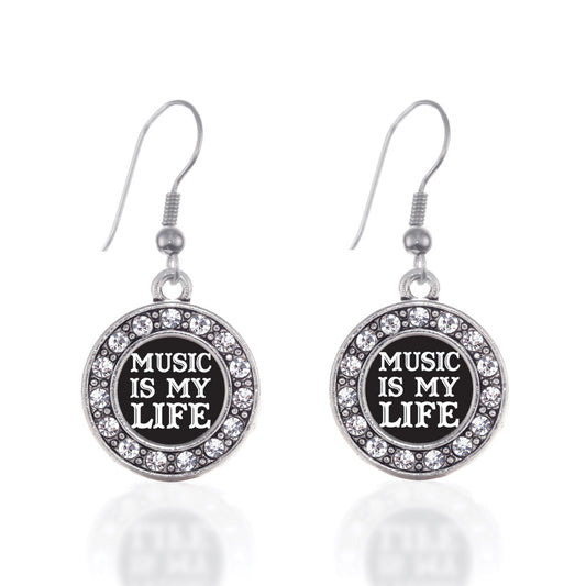 Silver Music Is My Life Circle Charm Dangle Earrings