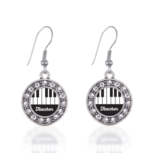 Silver Piano Teacher Circle Charm Dangle Earrings