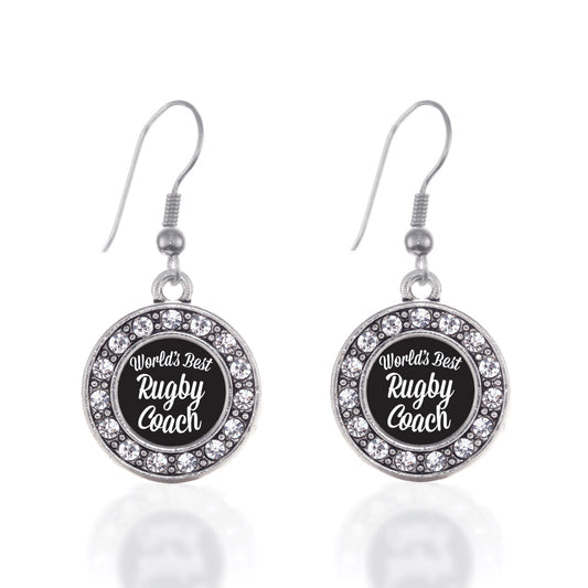 Silver World's Best Rugby Coach Circle Charm Dangle Earrings