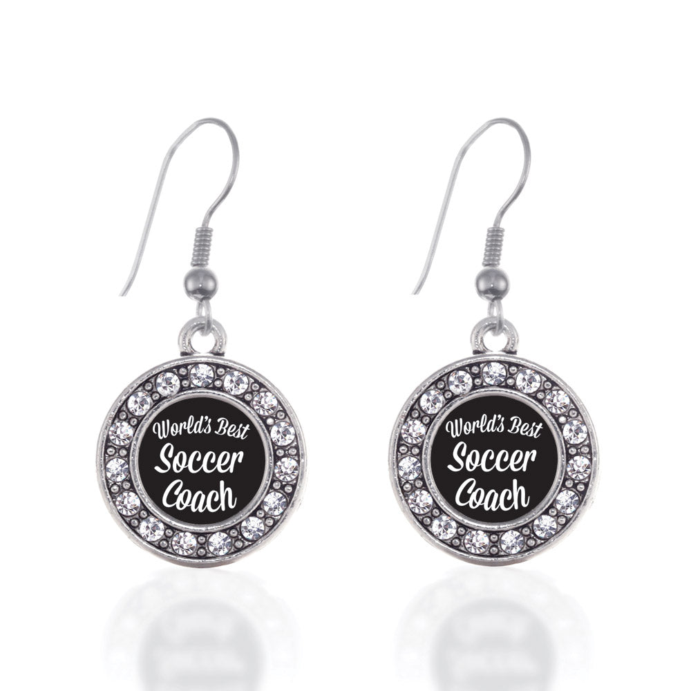 Silver World's Best Soccer Coach Circle Charm Dangle Earrings