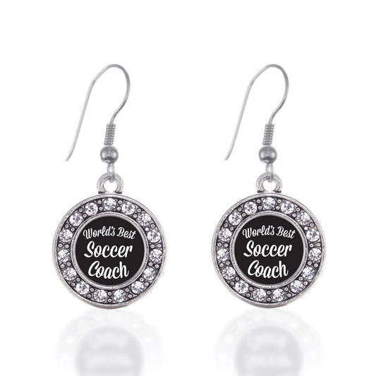 Silver World's Best Soccer Coach Circle Charm Dangle Earrings