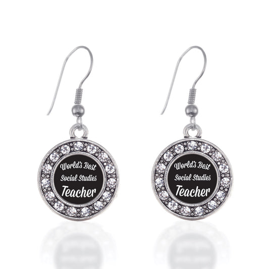 Silver World's Best Social Studies Teacher Circle Charm Dangle Earrings