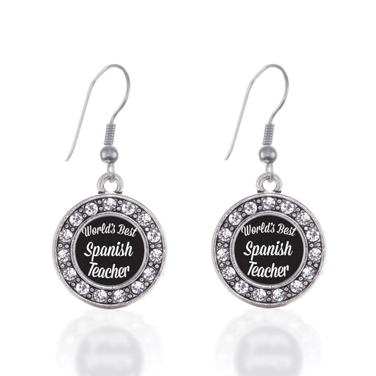 Silver World's Best Spanish Teacher Circle Charm Dangle Earrings