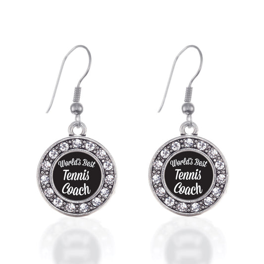Silver World's Best Tennis Coach Circle Charm Dangle Earrings