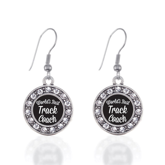 Silver World's Best Track Coach Circle Charm Dangle Earrings