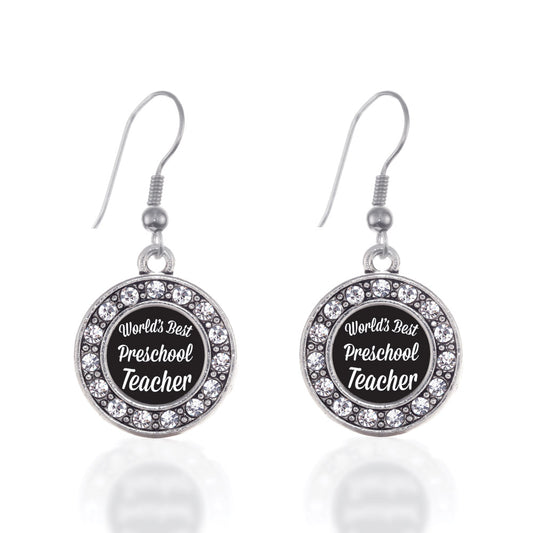 Silver World's Best Preschool Teacher Circle Charm Dangle Earrings