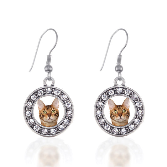 Silver Bengal Cat Circle Charm Dangle Earrings