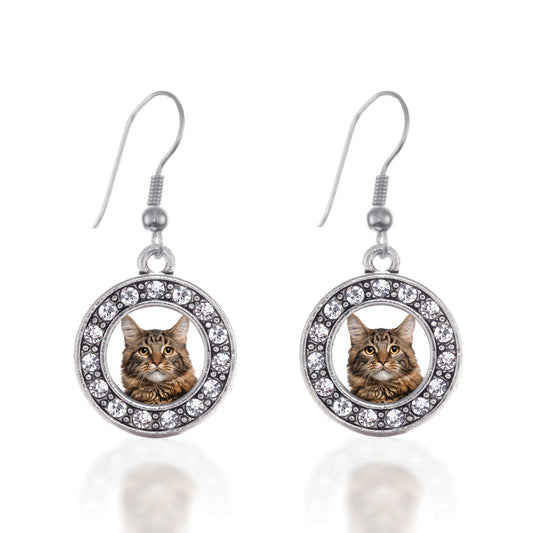 Silver Maine Coon Cat Circle Charm Dangle Earrings