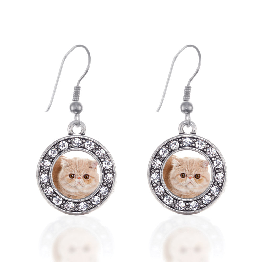 Silver Persian Cat Circle Charm Dangle Earrings