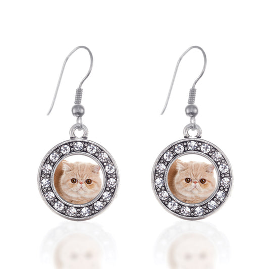 Silver Persian Cat Circle Charm Dangle Earrings