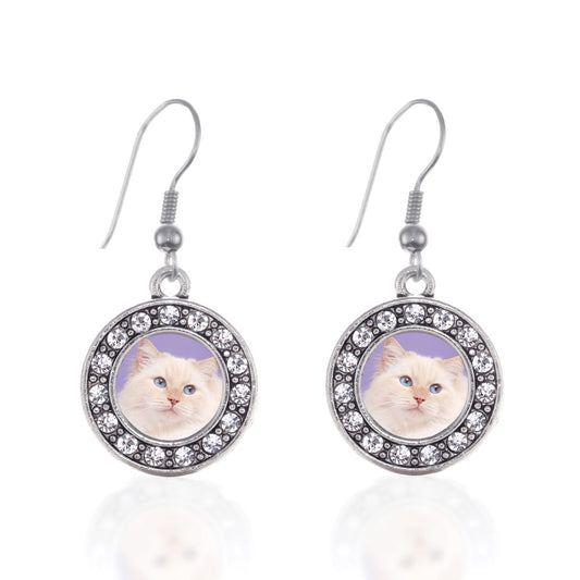 Silver Ragdoll Cat Circle Charm Dangle Earrings