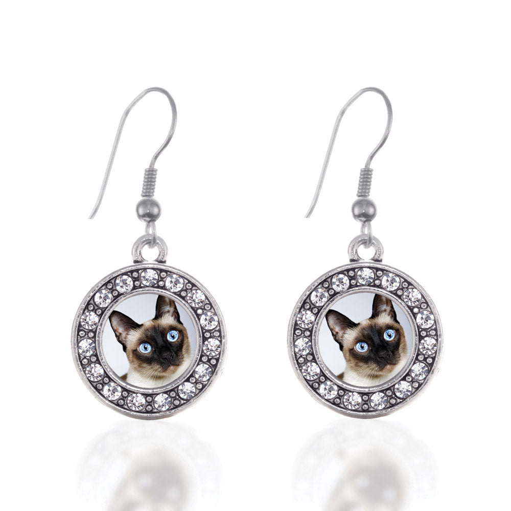 Silver Siamese Cat Circle Charm Dangle Earrings