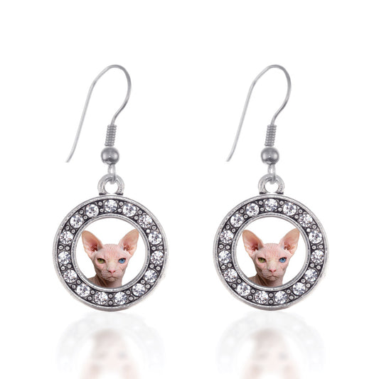 Silver Sphinx Cat Circle Charm Dangle Earrings