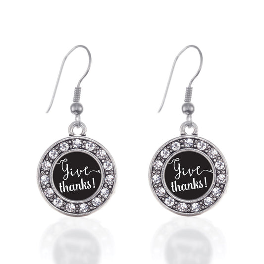 Silver Give Thanks Circle Charm Dangle Earrings