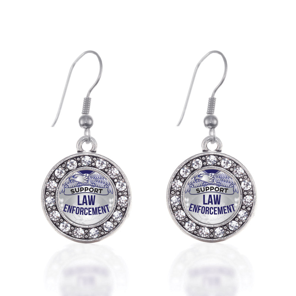 Silver Law Enforcement Support Circle Charm Dangle Earrings